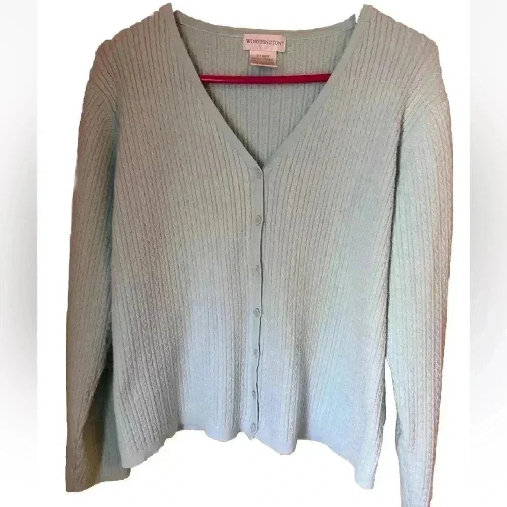 Worthington Braided Aqua Long Sleeve Button Up Sweater Size XL Ladies EUC